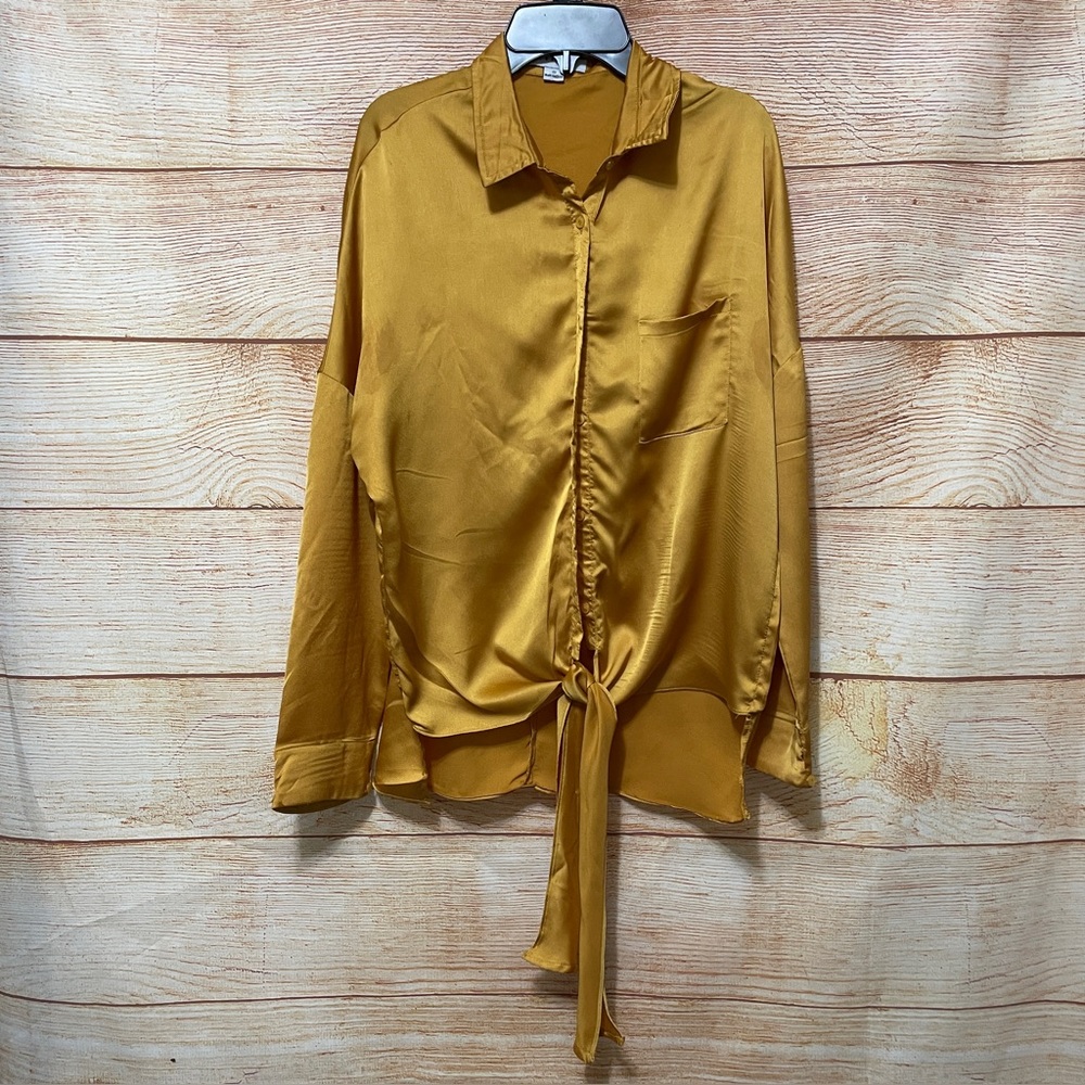 FAVLUX FASHION Women's Gold Long Sleeve Button Down Front Tie Blouse Size Small